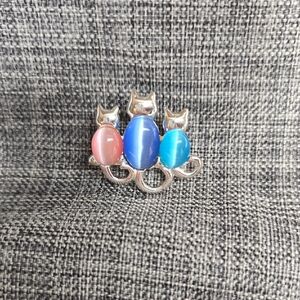 Silver Cat Brooch with Pink and Blue Stones